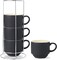 Coffee Mug Ceramic Set of 4 with Stand - 15 oz Stackable Large Porcelain Ribbed Latte Cup Set for Cappuccino, Tea, Hot Cocoa, Drinks - Dishwasher & Microwave Safe, Black